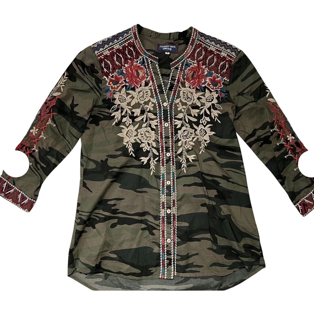 Johnny Was Womens Camouflage Floral Print Button Down Shirt sz Small